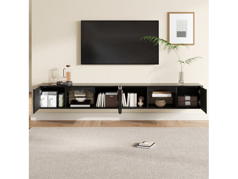 Meuble tv 200x30x28 cm noir brillant avec led, 4 portes et 2 niches  - Conforama D