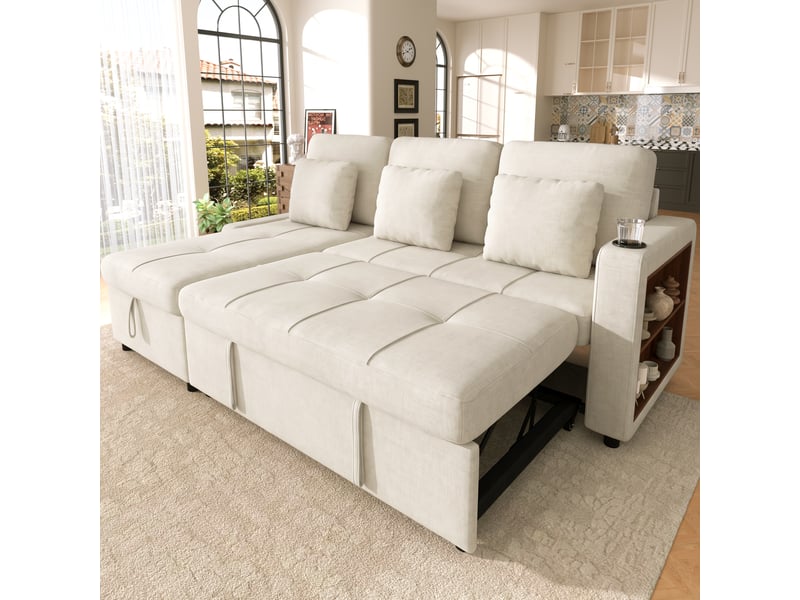  Canapé d’angle convertible en lit 201,3 cm 3 places avec méridienne coffre, porte-gobelet, étagère 2 niveaux, poches latérales, chenille beige  - Conforama E