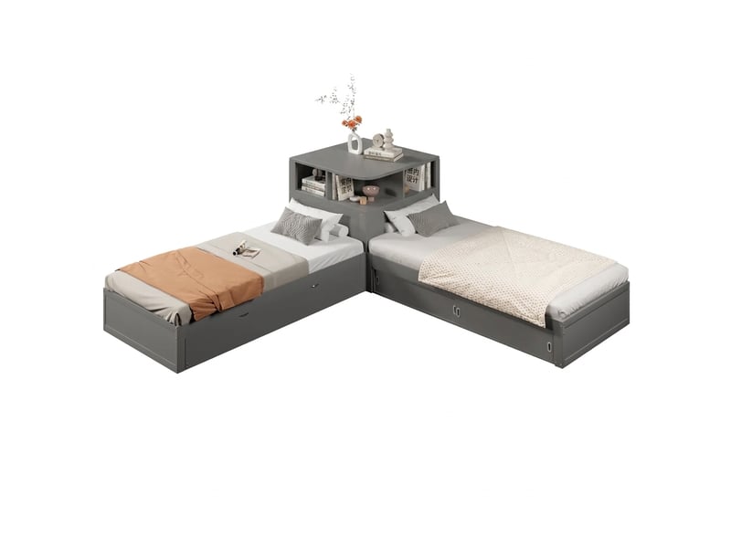 Lit gigogne 90x200 gris plateforme en forme de l avec rangement et veilleuse - Conforama A