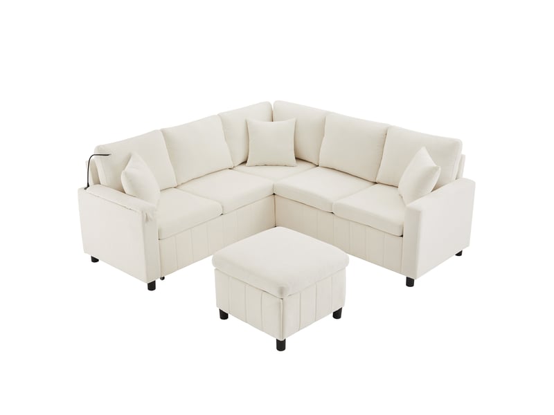  Canapé d'angle convertible 4 places en chenille beige avec pouf  - Conforama A