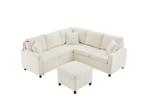 Canapé d'angle convertible 4 places en chenille beige avec pouf