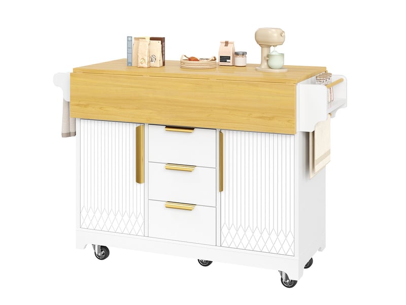  Desserte de cuisine multifonction avec table extensible, portes verticales, 3 tiroirs et roulettes, 120x40x95 cm, blanc  - Conforama A