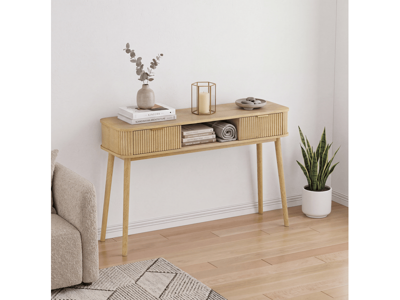  Console 120.00×35.00×77.60 cm en mdf, panneaux de particules et bois avec 2 tiroirs et niche ouverte chêne chicfurn  - Conforama B