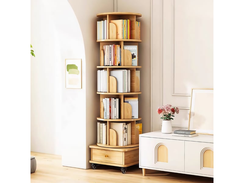  Bibliothèque pivotante 360° bois naturel - meuble de rangement rond avec roulettes et tiroir pour petits espaces  - Conforama D