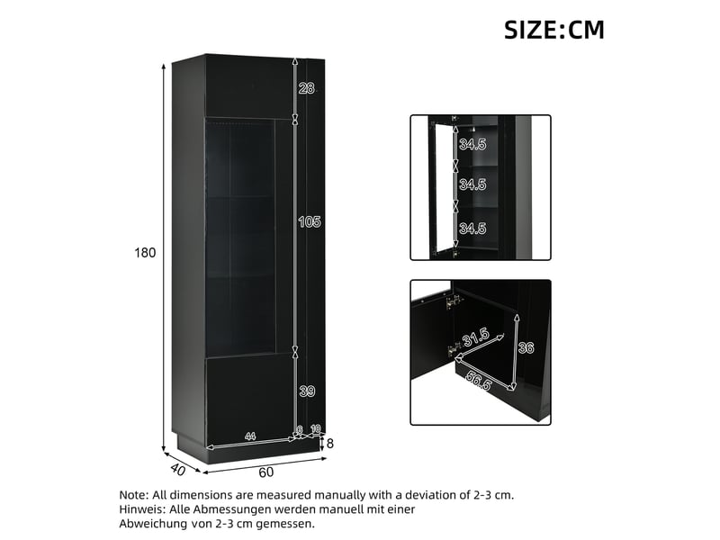  Vitrine 60x40x180 cm, meuble vitrine avec porte en acrylique, éclairage led, finition brillante, 3 étagères en verre, armoire de présentation salon  - Conforama D