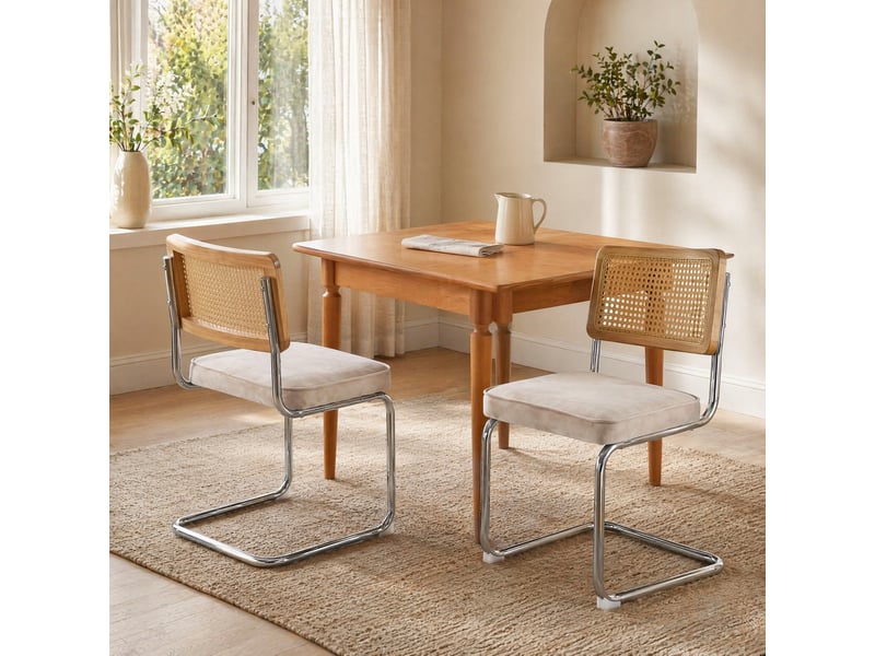  Lot de 2 chaises de salle à manger en velours beige avec dossier en rotin et piètement chromé  - Conforama D