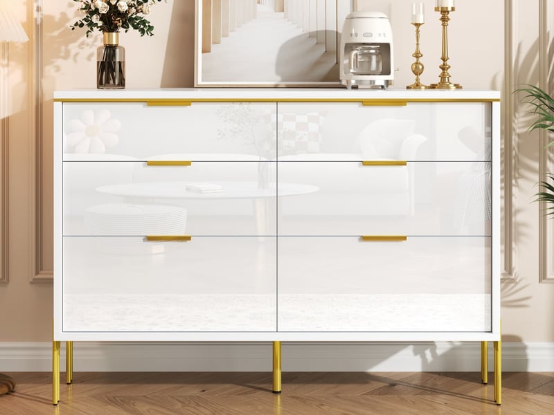  Buffet, meuble de rangement, 6 tiroirs, portes brillantes, meuble d'entrée, adapté au salon, à la salle à manger ou au bureau, blanc  - Conforama B