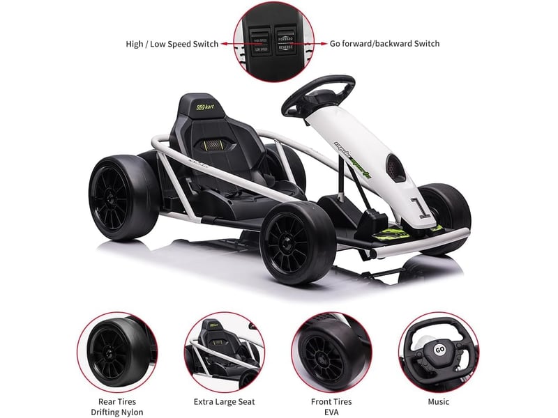  Kart électrique pour enfant 24 v, mode dérive, 2x300 w, siège réglable, mp3, 70 kg – blanc PTO_0YXZATD8 - Conforama C