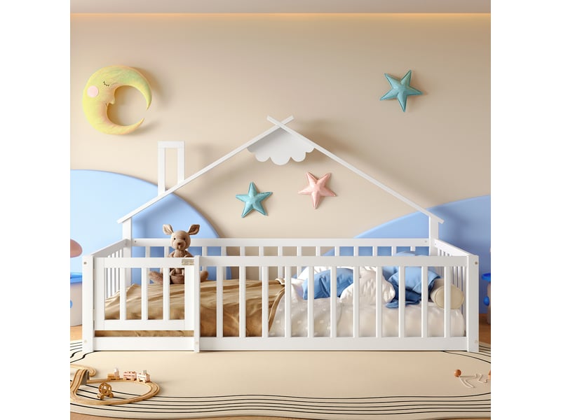  Lit cabane enfant 90x190 cm - barrières de sécurité avec verrou - structure en pin et mdf - blanc  - Conforama B