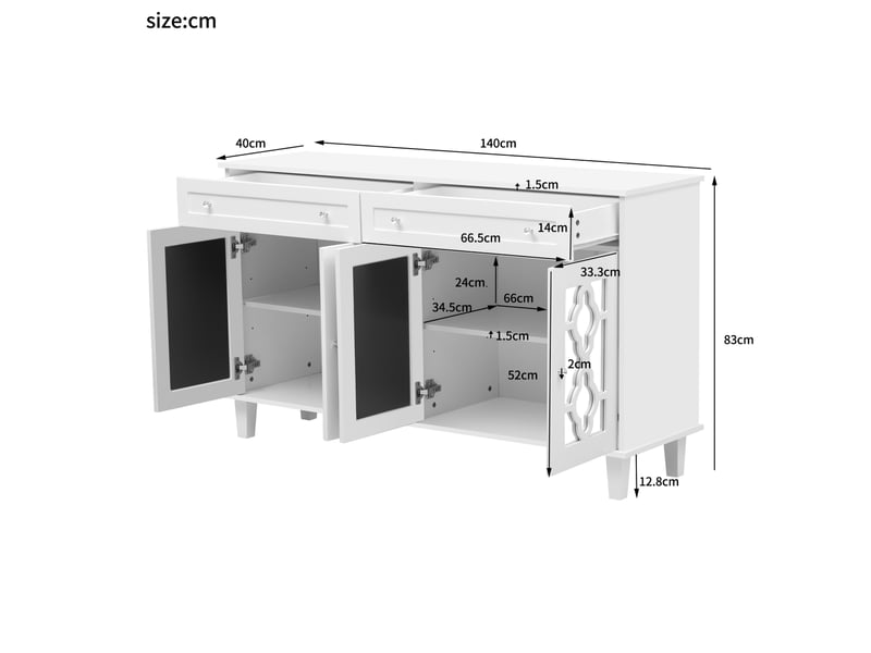  Buffet blanc à 4 portes miroir, 2 tiroirs et étagère réglable  - Conforama E