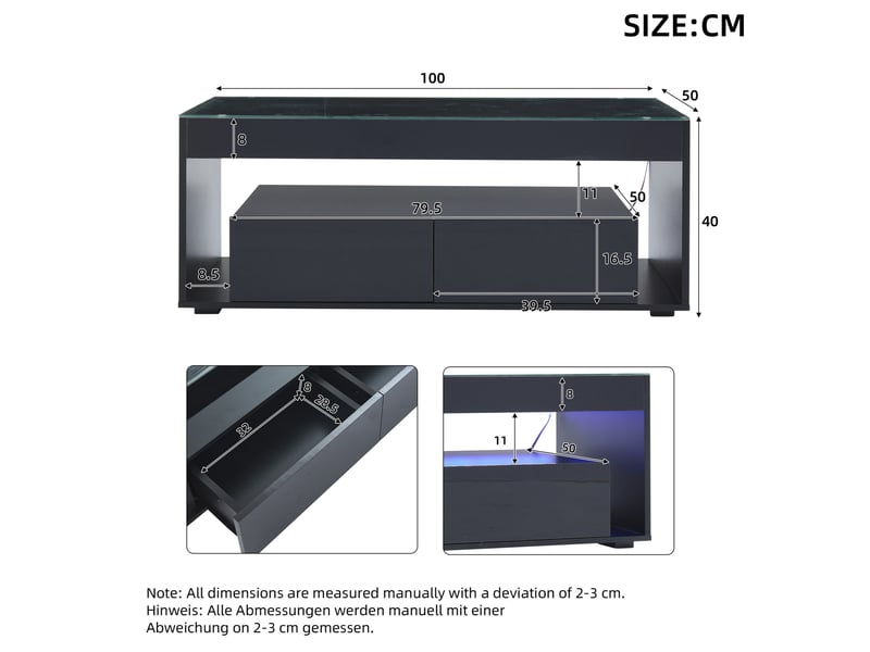  Table basse led avec 2 tiroirs et niche ouverte, en verre trempé et panneau de particules, noir, 100 × 50 × 40 cm  - Conforama D
