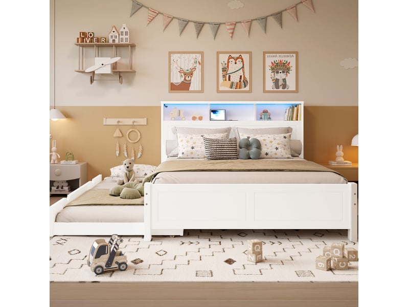 Lit 120x200 cm blanc avec lit gigogne 90x190 cm, led et ports de charge - Conforama E