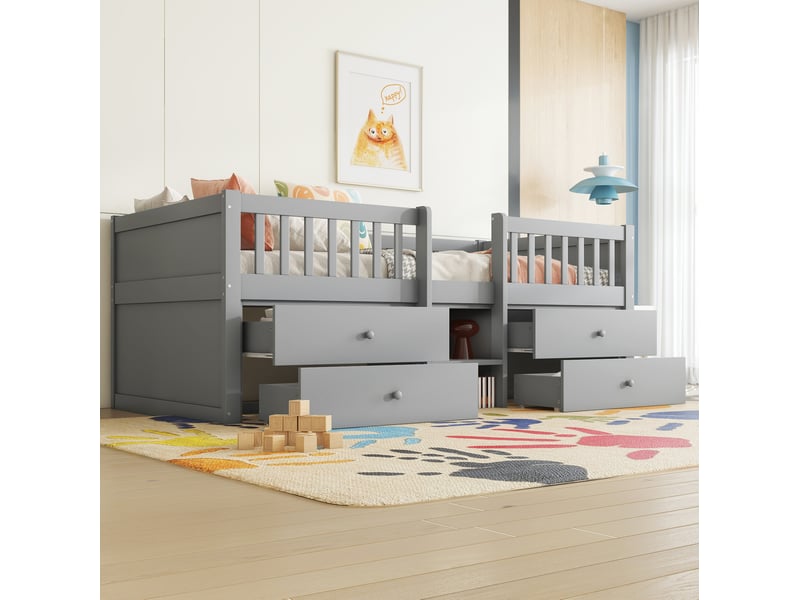 Lit enfant 90x200cm, sommier, rangement, 4 tiroirs, lit simple, barrière de sécurité, bois gris, sans matelas - Conforama D