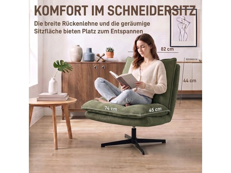 Fauteuil de salon - fauteuil lounge avec repose-pieds, pivotant à 360°, revêtement en velours côtelé, vert - Conforama R