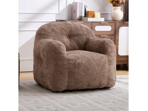 Fauteuil pouf avec accoudoirs et dossier enveloppant, rembourrage en mousse déchiquetée, fausse fourrure kaki