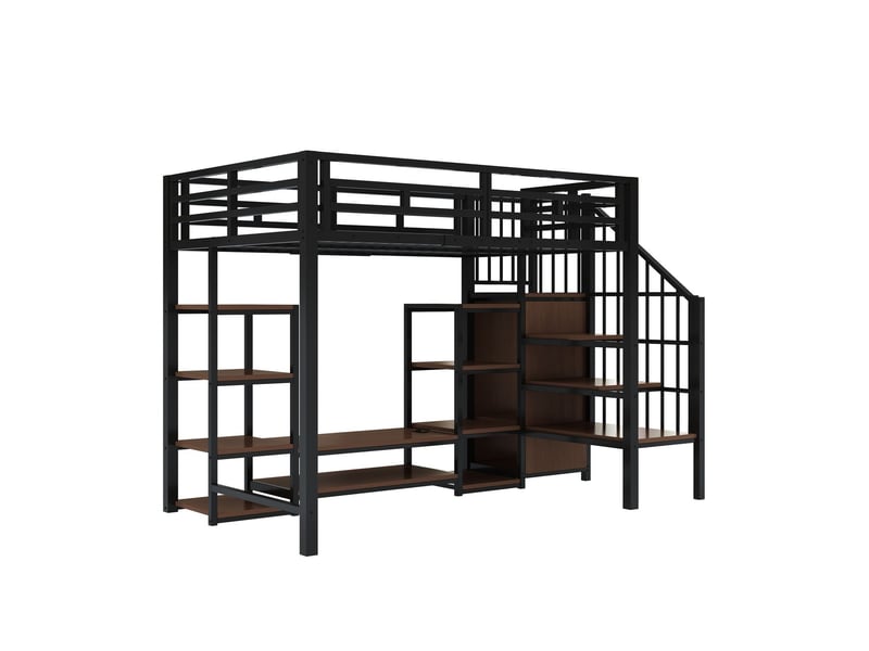  Lit mezzanine 90x200 cm métal et bois noir style industriel - lit simple - meuble tv, prise intégrée, escalier rangement  - Conforama A