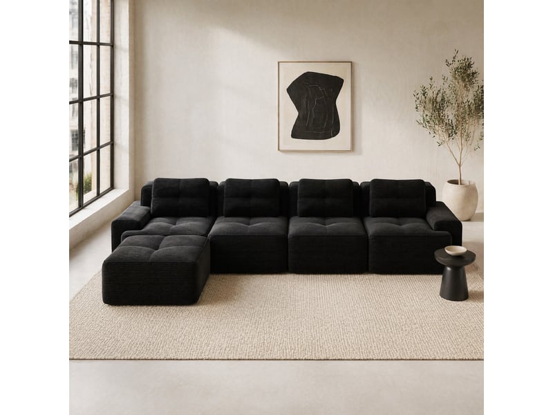  Canapé modulaire 4 places en velours côtelé noir avec méridienne en l  - Conforama C