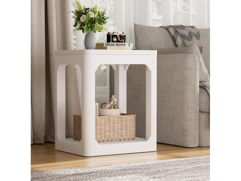  Table de chevet lot de 2 avec 2 niveaux de rangement, bords arrondis, style épuré, en mdf blanc pour chambre et salon  - Conforama C