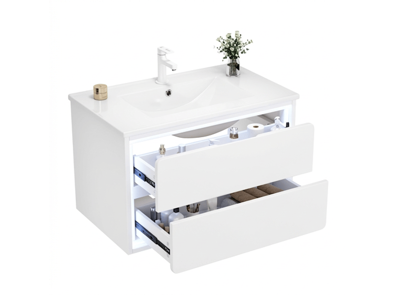  Meuble salle de bain suspendu 76 cm avec led meuble sous vasque blanc 2 tiroirs  - Conforama A