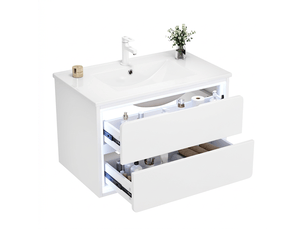 Meuble salle de bain suspendu 76 cm avec led meuble sous vasque blanc 2 tiroirs