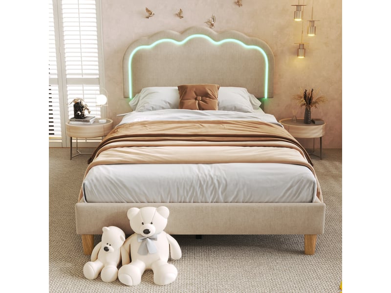  Lit simple 90x190 capitonné beige avec éclairage led et tête de lit réglable - revêtement lin  - Conforama R