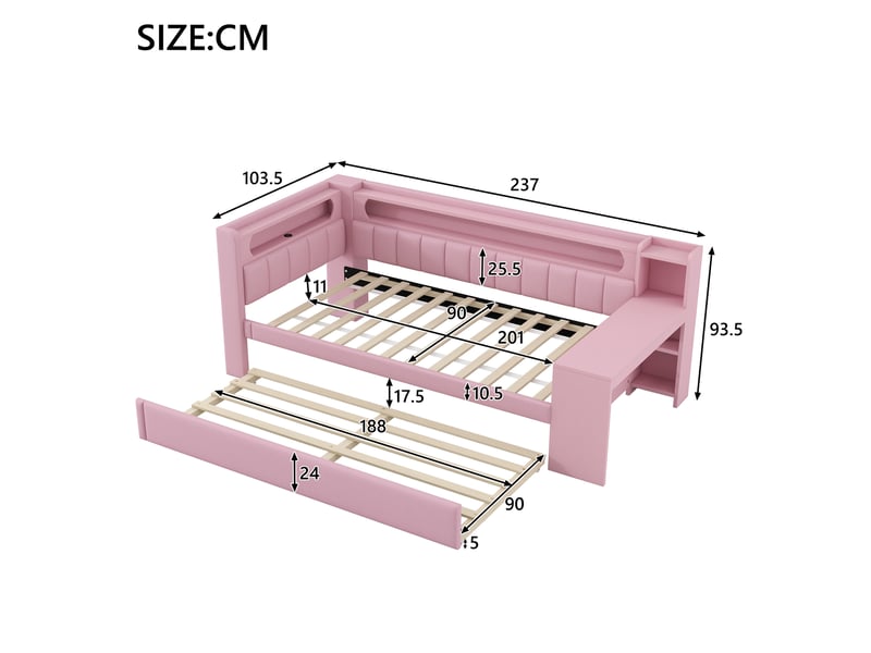  Lit gigogne rembourré 90x200cm coloris rose mdf led lit enfant rose - Conforama C