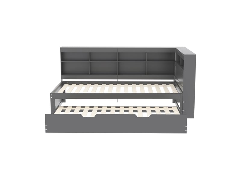  Lit banquette avec gigogne et rangements, bois massif gris, 90x200 cm, prise usb intégrée  - Conforama A