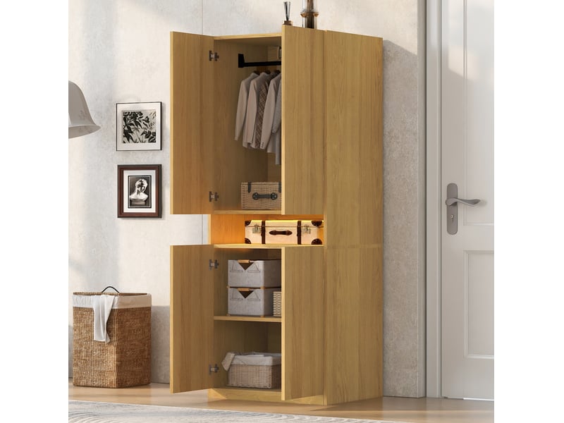  Armoire tcqpz 70 x 55 x 180 cm 2 portes avec led rangement et penderie coloris bois  - Conforama E