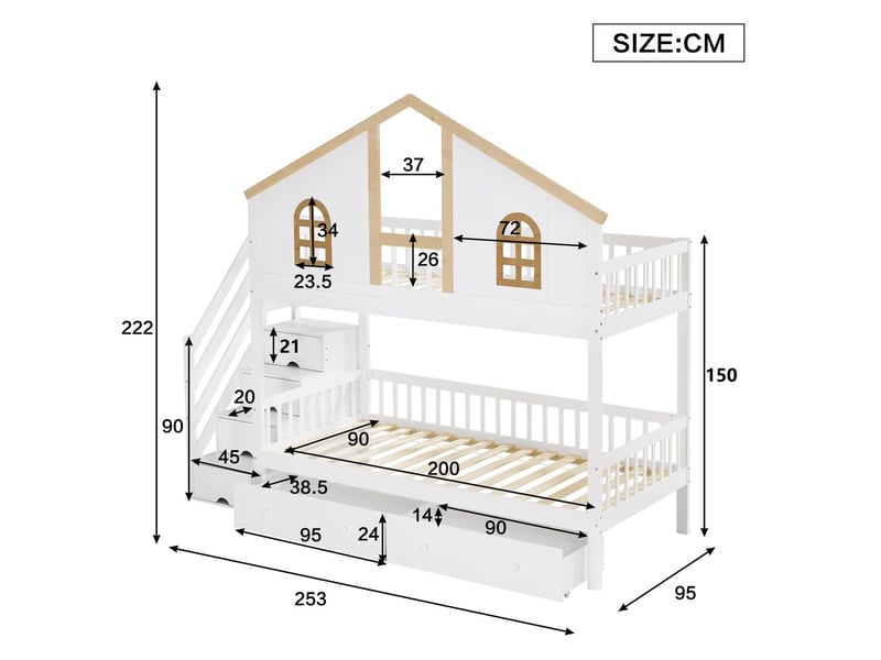  Lit superposé enfant 90x200cm - escalier rangement &amp; 2 tiroirs - lit superposé - forme cabane bois massif blanc et naturel sécurisé  - Conforama C