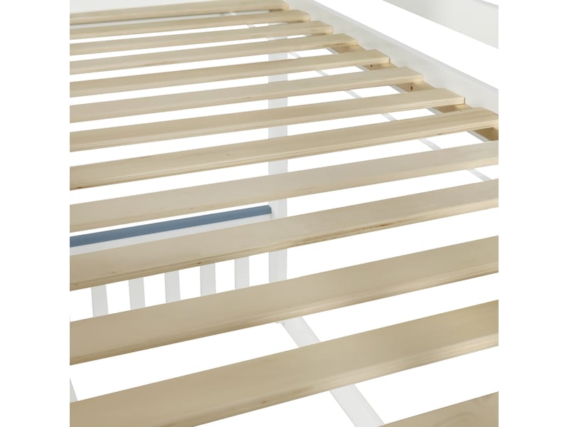  Lit superposé enfant 90x200 cm – blanc et bleu – escalier de rangement intégré à 3 marches, sans matelas  - Conforama E