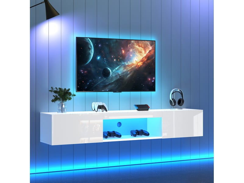  Meuble tv mural modenvie blanc brillant 160 x 31 x 22 cm avec led bluetooth  - Conforama B