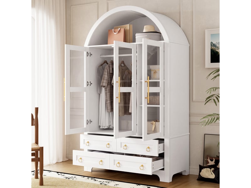  Armoire-penderie vitrée 110x50x186cm avec 3 portes en verre, 4 tiroirs, tringle et éclairage led pilotable par application, blanc evarich - Conforama E