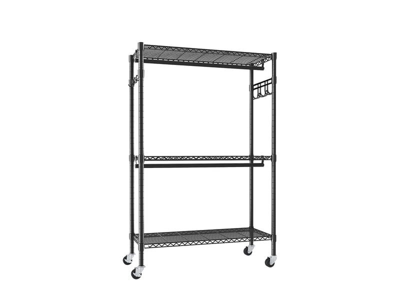 Portemanteau mobile en métal noir avec roulettes et étagères ajustables - Conforama R