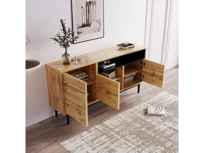 Buffet moderne en bois avec trois portes et étagères, 160 x 35 x 76 cm, montage facile, design peu encombrant, robuste et fiable - Conforama E