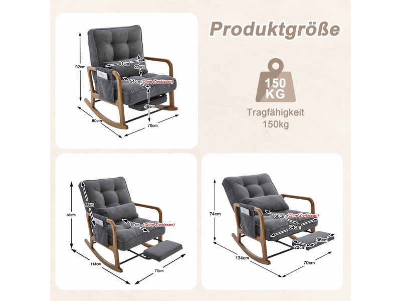  Rocking-chair avec repose-pieds, dossier réglable 3 positions et poche latérale en velours côtelé gris  - Conforama C