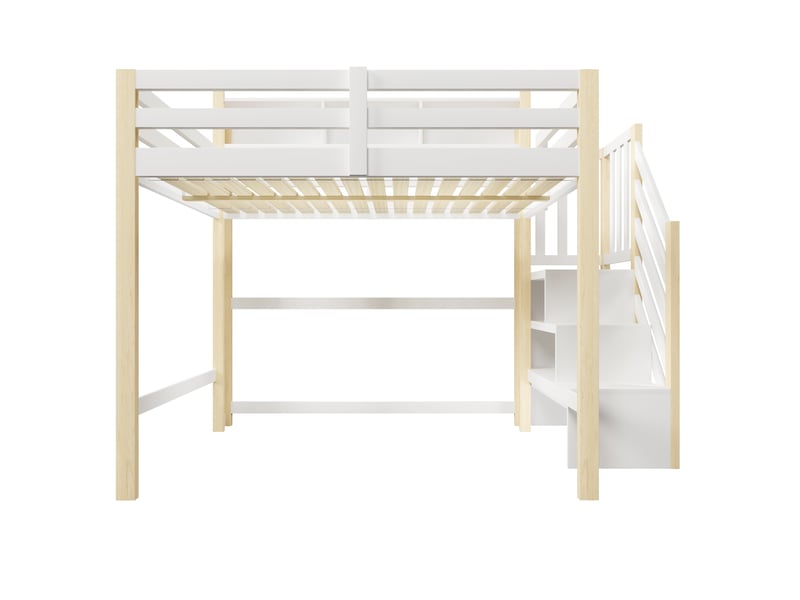 Lit mezzanine blanc et naturel 140x200 cm, led, espace inférieur et escalier-rangement - Conforama A