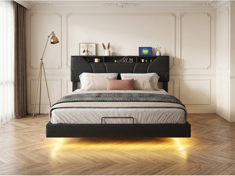 Lit coffre 140x190 cm avec tête de lit éclairée - leds rgb - velours beige - sommier à lattes - rangement hydraulique et tiroirs - Conforama D