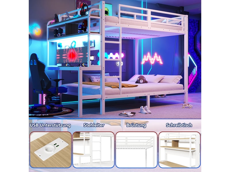  Lit superposé 140 x 200 cm avec bureau intégré, étagères, échelle à marches, éclairage led pilotable et port usb, métal, blanc Morn Vibe - Conforama E