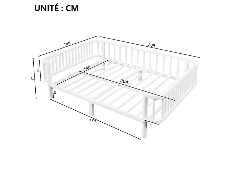  Lit de jour en métal 140x200 cm sommier à lattes en acier lit banquette blanc  - Conforama C