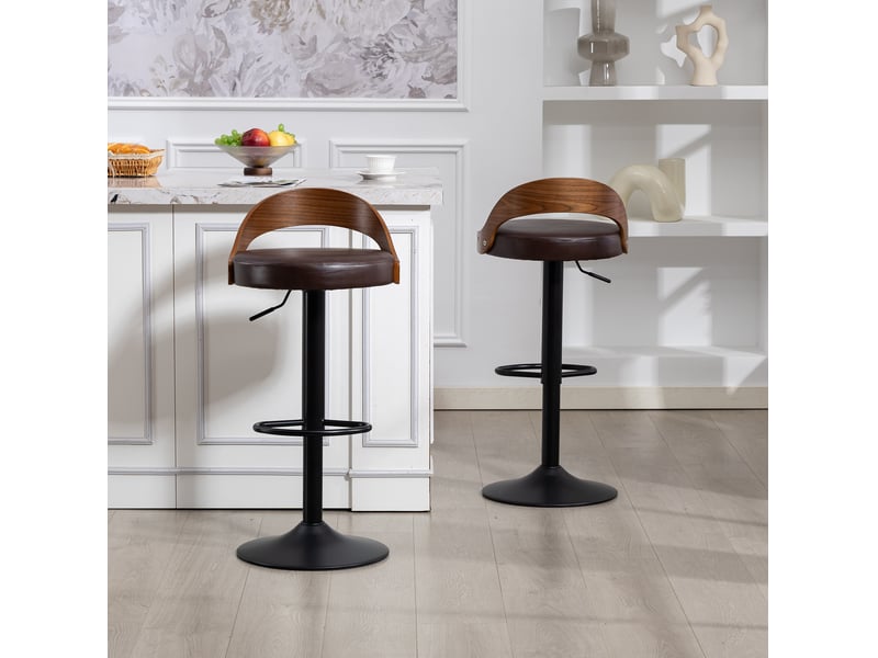  Tabouret de bar pivotant 360° avec hauteur réglable, dossier ergonomique et repose-pieds, en pu marron  - Conforama C