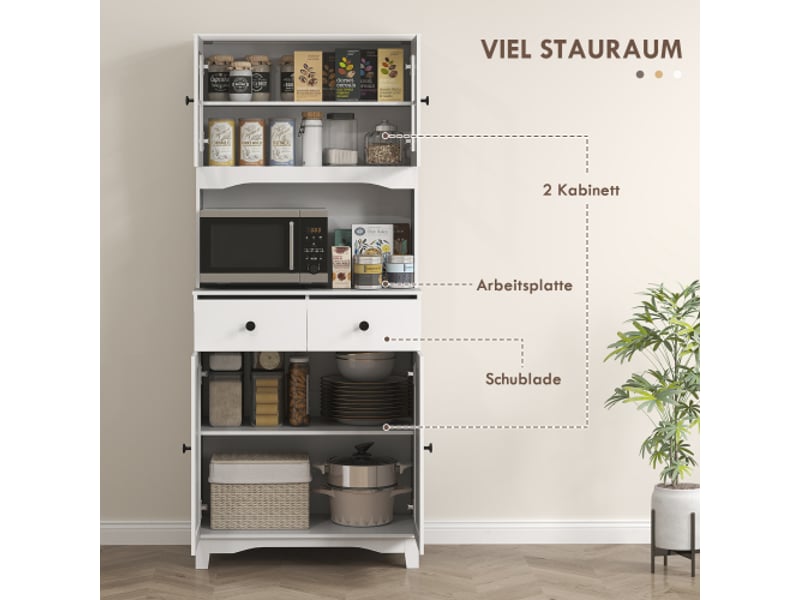  Buffet haut blanc avec meuble micro-ondes, 2 placards, 2 tiroirs et étagères réglables anti-basculement  - Conforama D