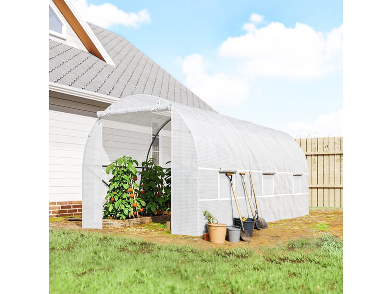  Serre tunnel avec porte enroulable et 6 fenêtres pour la culture de plantes et de légumes 445 x 200 x 200 cm blanc  - Conforama C