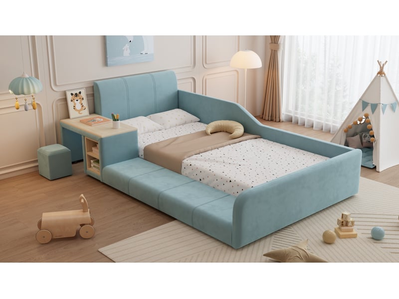  Lit enfant 90x200 cm en velours bleu avec bureau, tabouret et rangement  - Conforama W