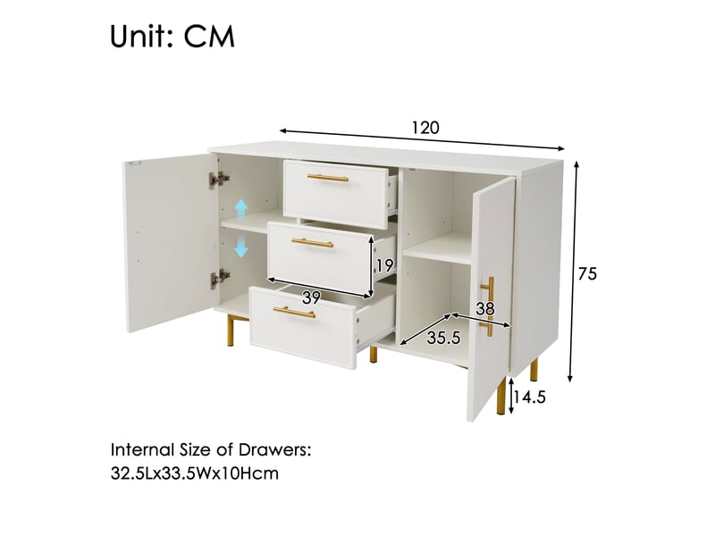  Commode avec 2 portes, 3 tiroirs et étagères réglables, façades rainurées, en panneau de particules blanc, 120 × 40 × 75 cm  - Conforama D