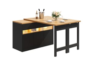 Ilot cuisine, buffet de cuisine avec rangements intégrés, plateau extensible, pivotant à 360°, dimensions 120 à 180 x 40 x 71,5 cm, mdf, noir