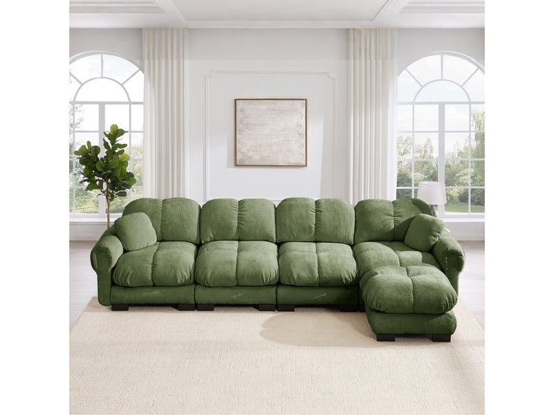 Canapé d'angle 4 places - 330x149x90cm - sofa cloud modulable en chenille avec ottoman, coussins et assise xl - vert - Conforama D