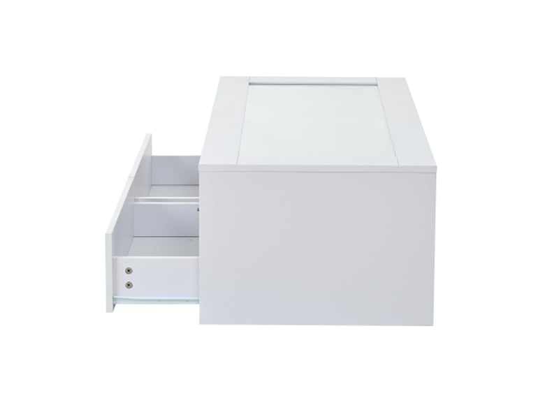  Table basse led en verre blanc 100x50x35 cm, 2 tiroirs, double étage, rangements ouverts - table d'appoint salon  - Conforama E