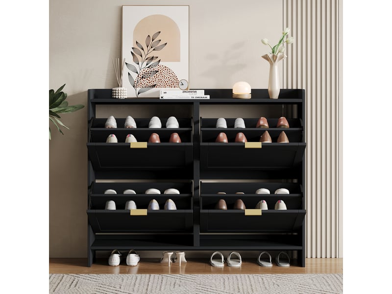  Meuble à chaussures 4 abattants, noir, 110 x 24 x 90 cm  - Conforama D