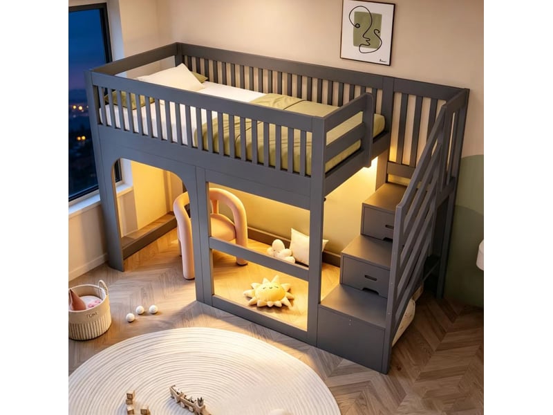 Lit surélevé enfant 90 x 200 cm avec escalier de rangement et led, gris - Conforama D