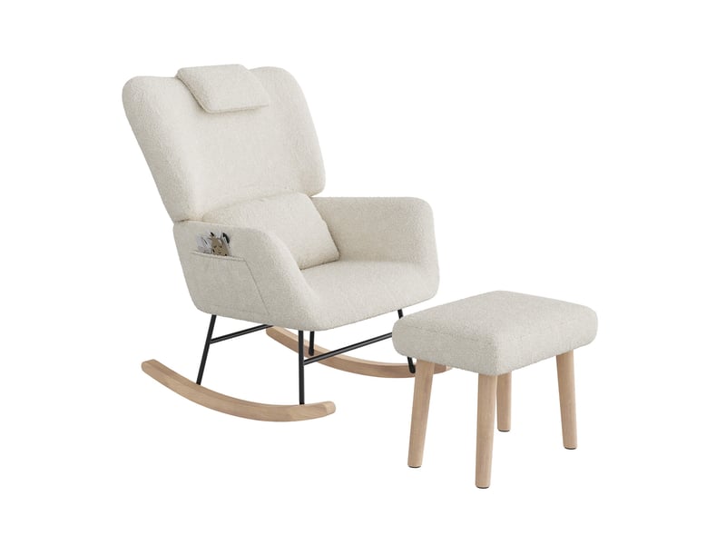  Fauteuil à bascule avec repose-pieds - 75x75x92.5cm - chaise berçante avec poches latérales et appui-tête en bouclette - beige  - Conforama A